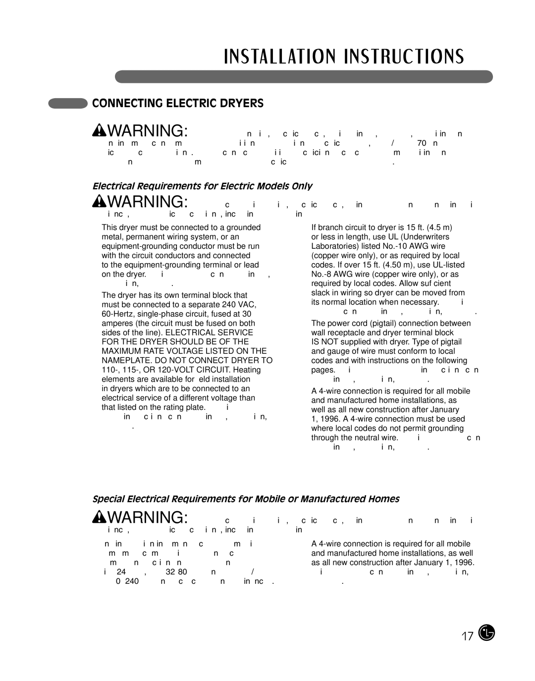 LG Electronics 3828EL3004T, D2102R, D2102W Connecting Electric Dryers, Electrical Requirements for Electric Models Only 