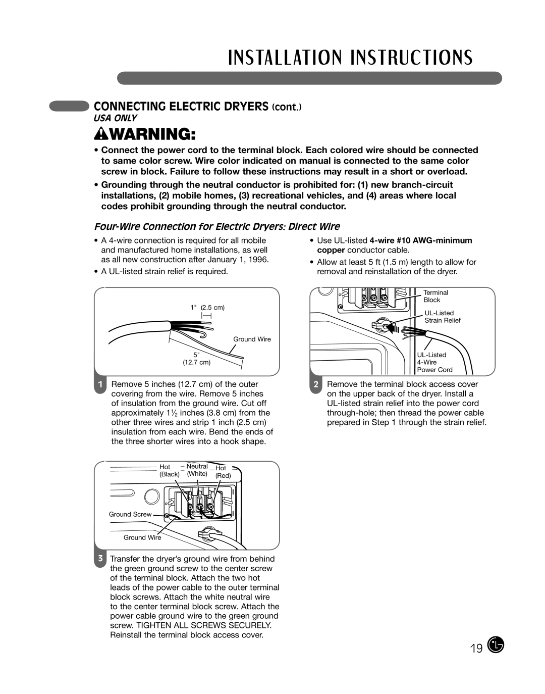 LG Electronics D2102W, D2102R, D2102S, D2102L, DLE2101W, DLE2101R manual Four-Wire Connection for Electric Dryers Direct Wire 