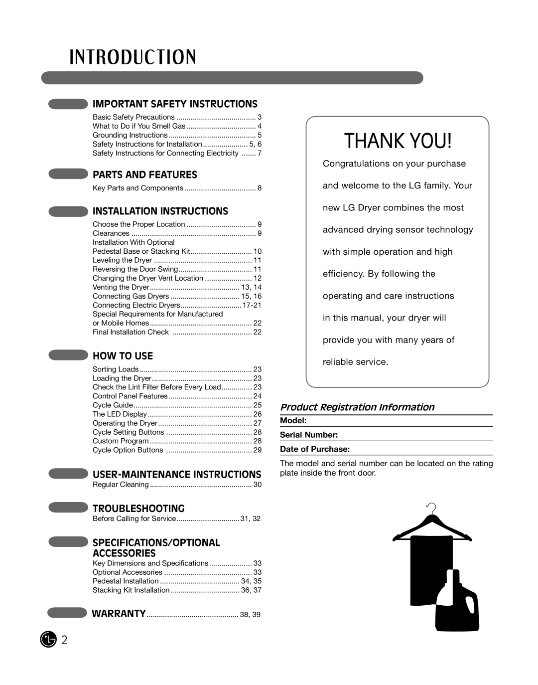 LG Electronics D2102S, D2102R, D2102W, D2102L, DLE2101W manual Important Safety Instructions, Product Registration Information 