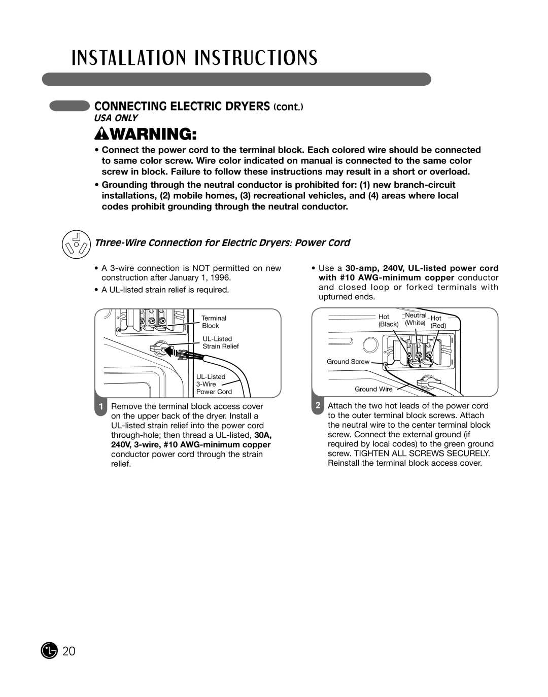 LG Electronics D2102S, D2102R, D2102W, D2102L, DLE2101W, DLE2101R manual Three-Wire Connection for Electric Dryers Power Cord 