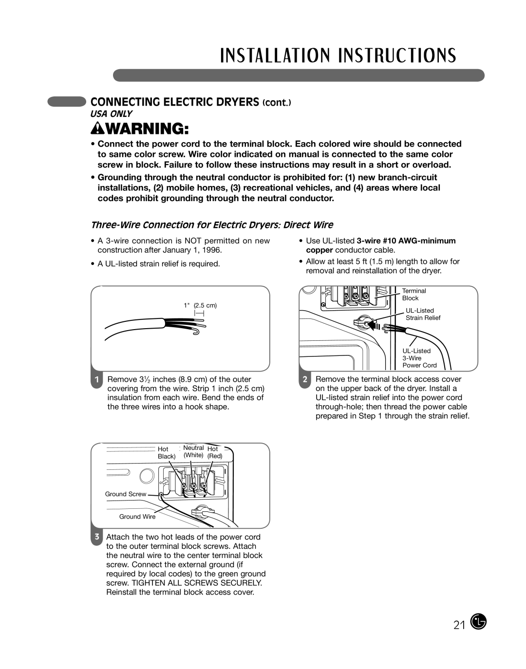 LG Electronics D2102L, D2102R, D2102W, D2102S, DLE2101W, DLE2101R manual Three-Wire Connection for Electric Dryers Direct Wire 