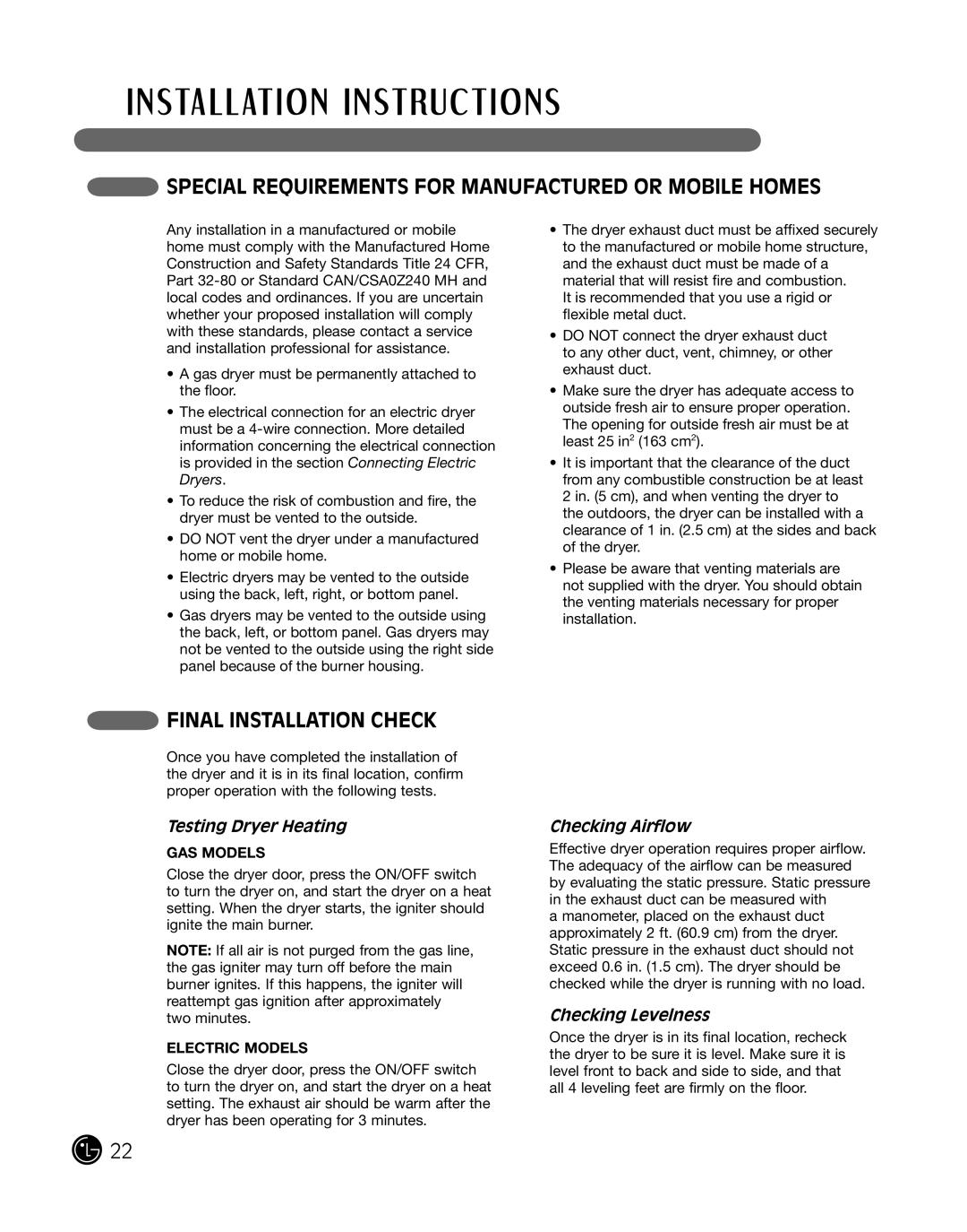 LG Electronics DLE2101W Special Requirements for Manufactured or Mobile Homes, Final Installation Check, Checking Airflow 