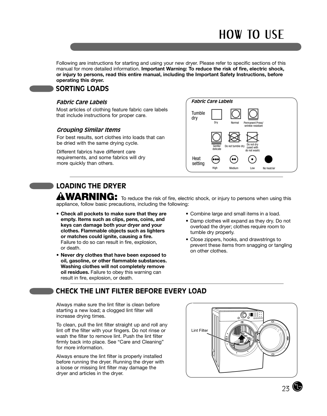 LG Electronics DLE2101R Sorting Loads, Loading the Dryer, Check the Lint Filter Before Every Load, Fabric Care Labels 