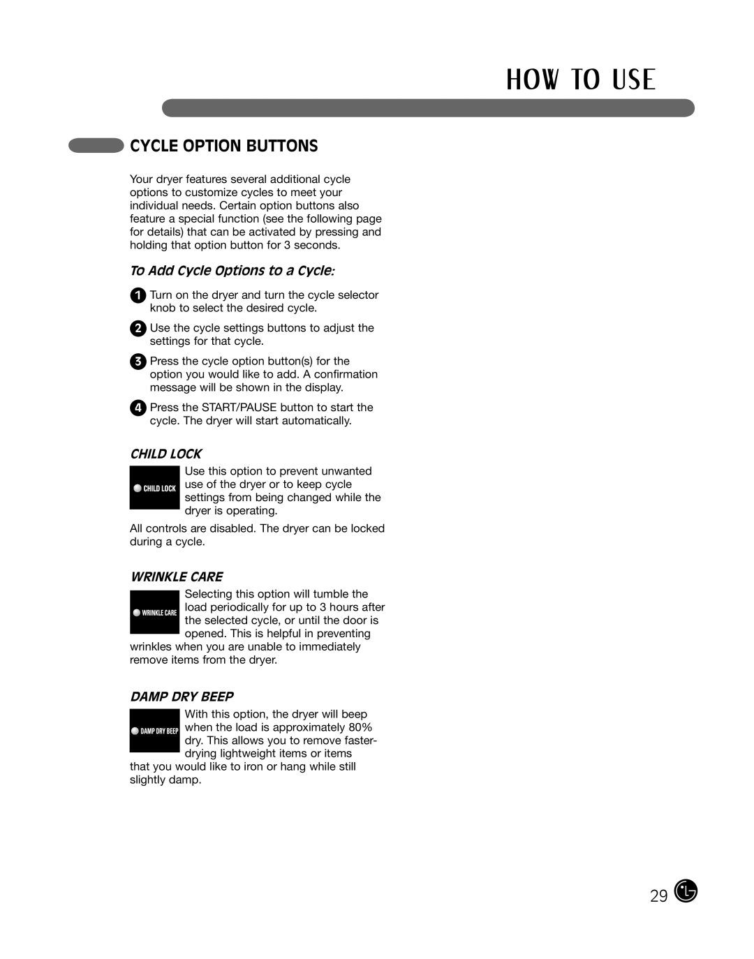 LG Electronics D2102S, D2102R, D2102W, D2102L, DLE2101W, DLE2101R manual Cycle Option Buttons, To Add Cycle Options to a Cycle 