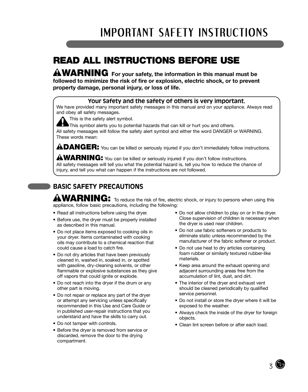 LG Electronics D2102L, D2102R, D2102W, D2102S, DLE2101W, DLE2101R Read ALL Instructions Before USE, Basic Safety Precautions 