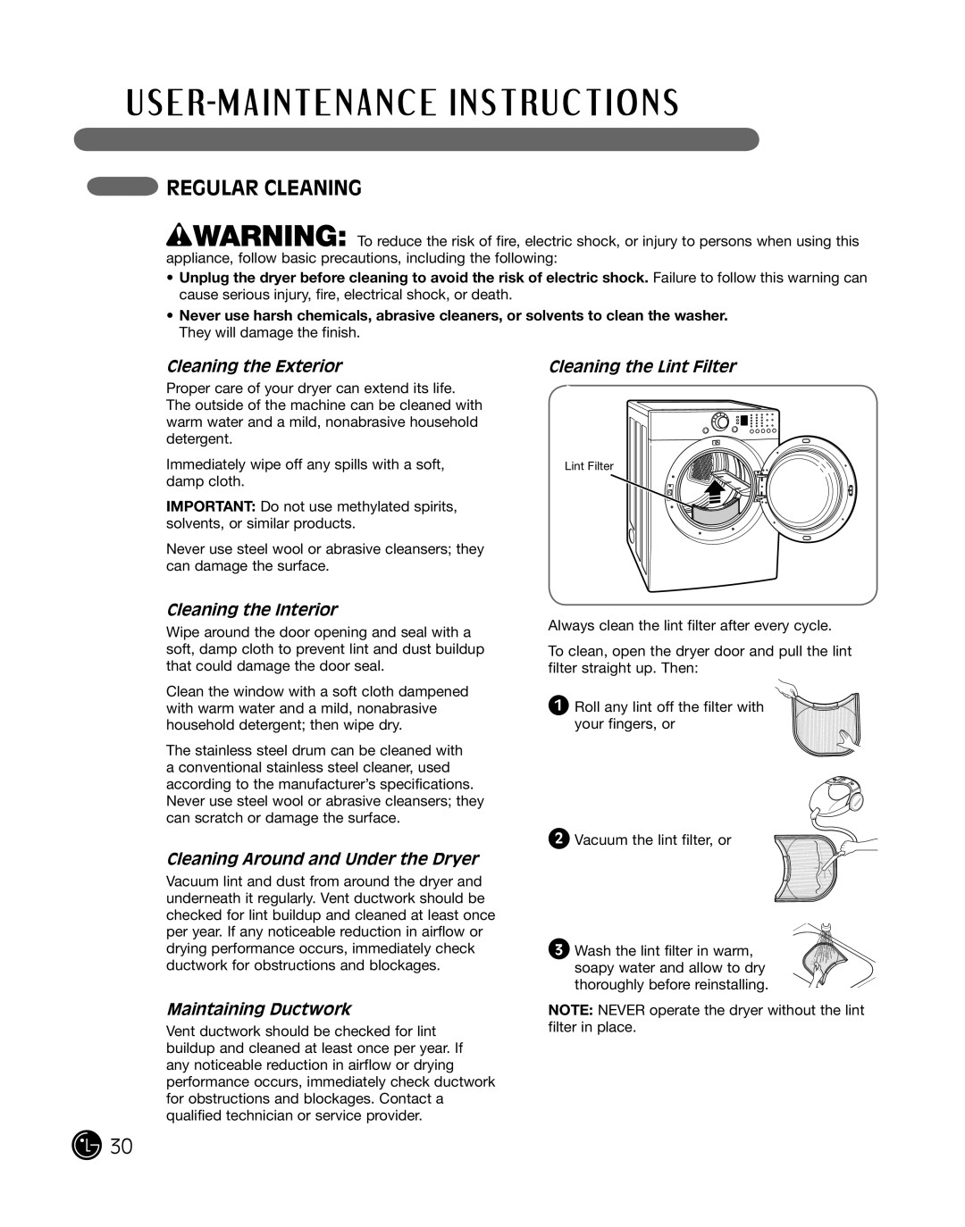 LG Electronics D2102L, D2102R manual Regular Cleaning, Cleaning the Exterior Cleaning the Lint Filter, Cleaning the Interior 