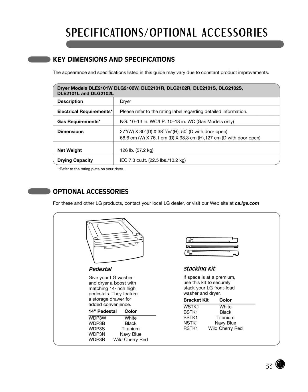 LG Electronics DLE2101S, D2102R, D2102W, D2102S, D2102L, DLE2101W KEY Dimensions and Specifications, Pedestal, Stacking Kit 