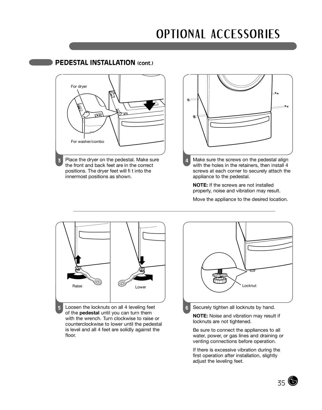 LG Electronics 3828EL3004T, D2102R, D2102W, D2102S, D2102L, DLE2101W, DLE2101R, DLE2101S, DLE2101L manual Pedestal Installation 