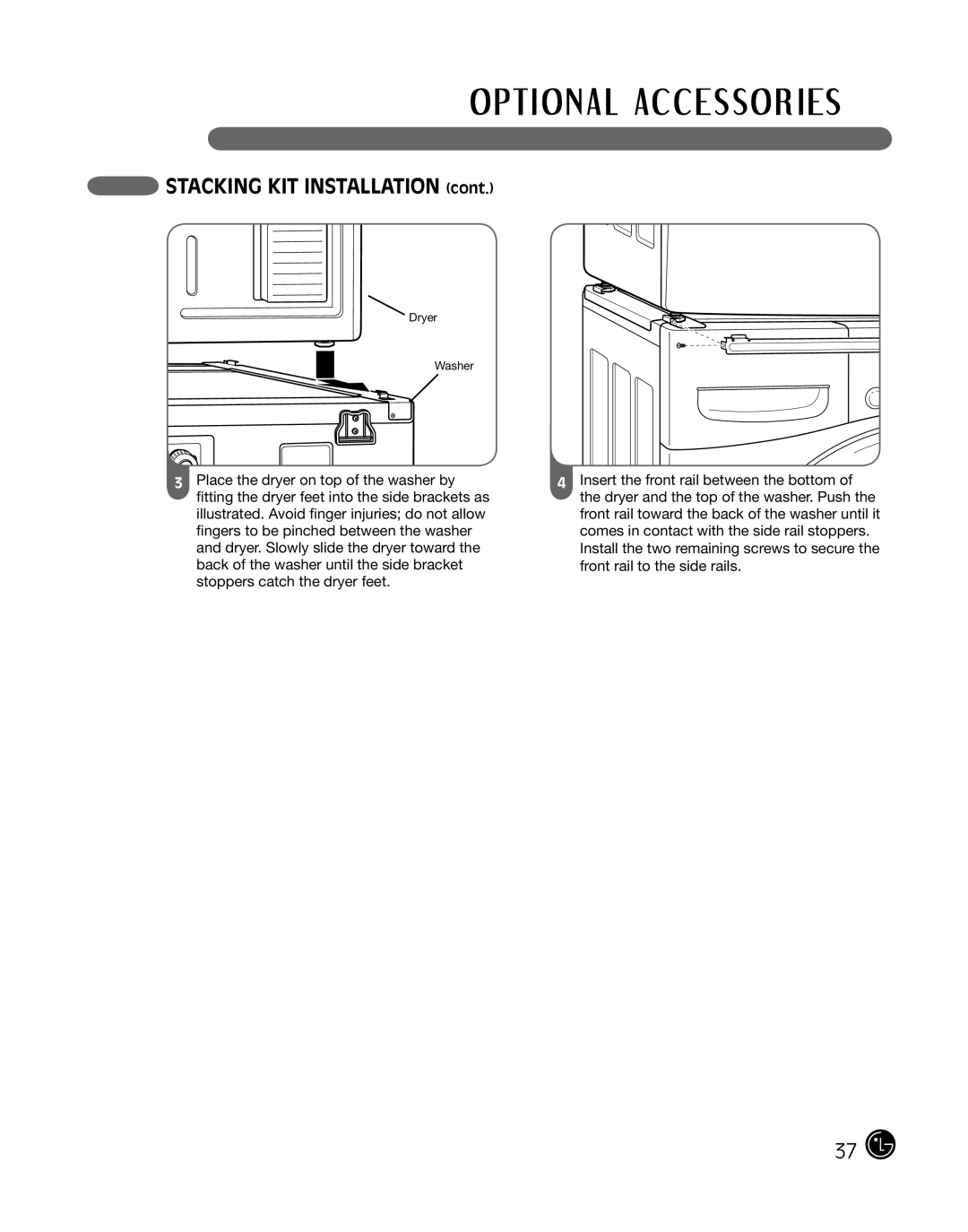 LG Electronics D2102W, D2102R, D2102S, D2102L, DLE2101W, DLE2101R, DLE2101S, DLE2101L, 3828EL3004T manual Stacking KIT Installation 