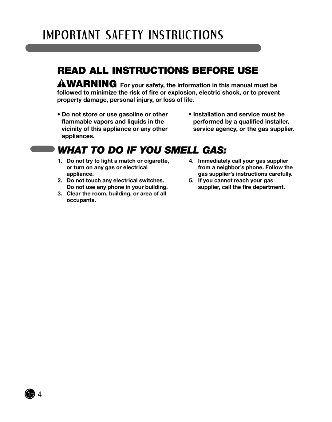 LG Electronics DLE2101W, D2102R, D2102W, D2102S, D2102L, DLE2101R, DLE2101S, DLE2101L, 3828EL3004T What to do if YOU Smell GAS 