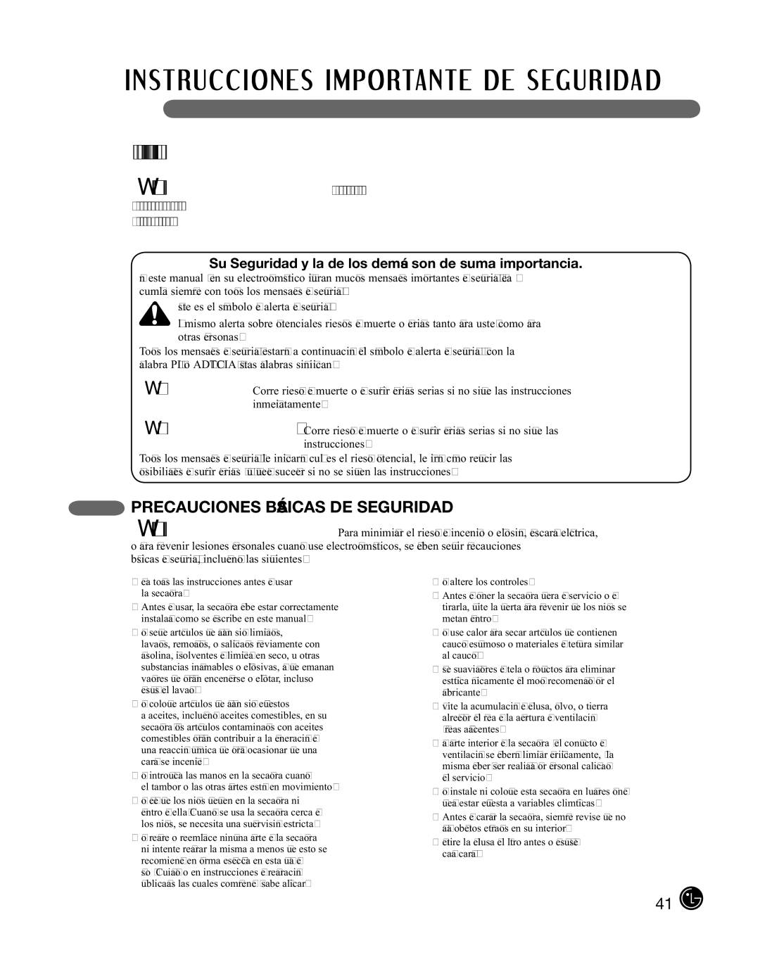 LG Electronics DLE2101R, D2102R, D2102W, D2102S LEA Todas LA Instrucciones Antes DE Usar, Precauciones básicas de seguridad 