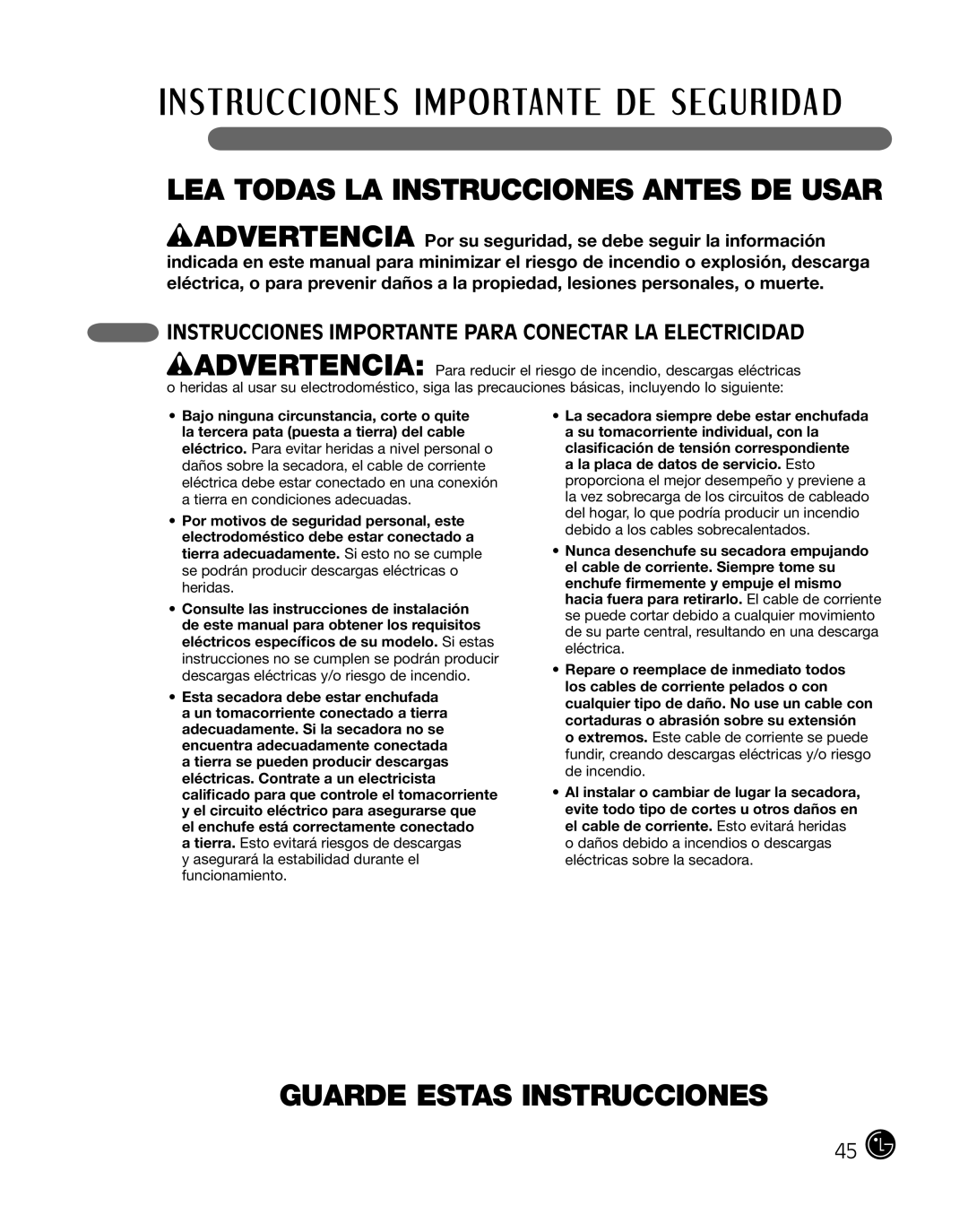 LG Electronics D2102R, D2102W, D2102S Guarde Estas Instrucciones, Instrucciones importante para Conectar LA Electricidad 