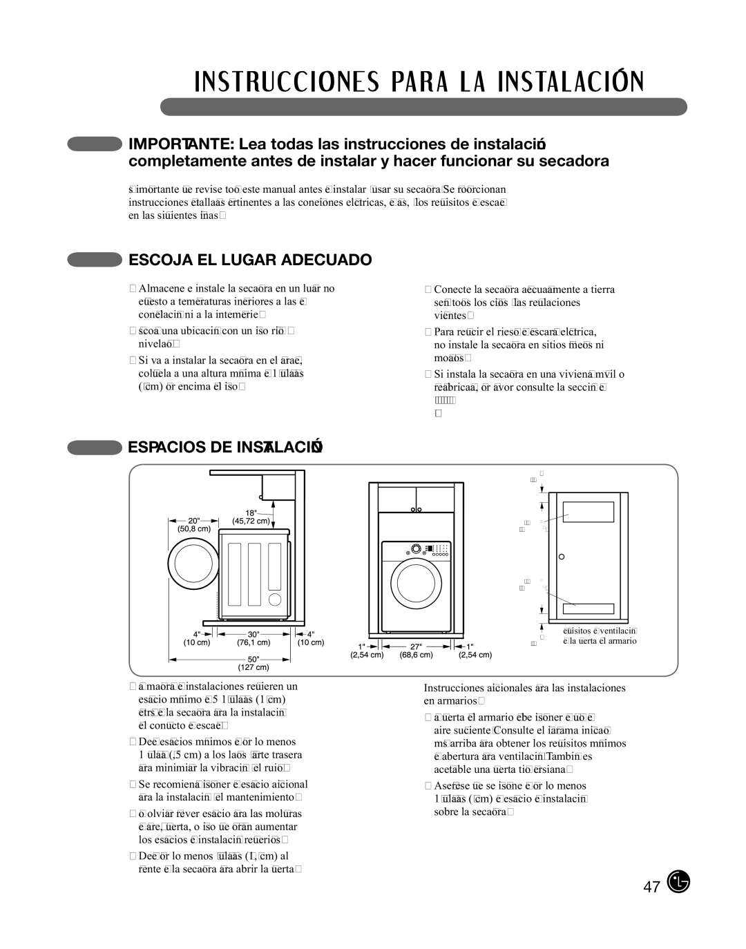 LG Electronics D2102S, D2102R, D2102W, D2102L, DLE2101W, DLE2101R, DLE2101S Escoja EL Lugar Adecuado, Espacios DE Instalación 