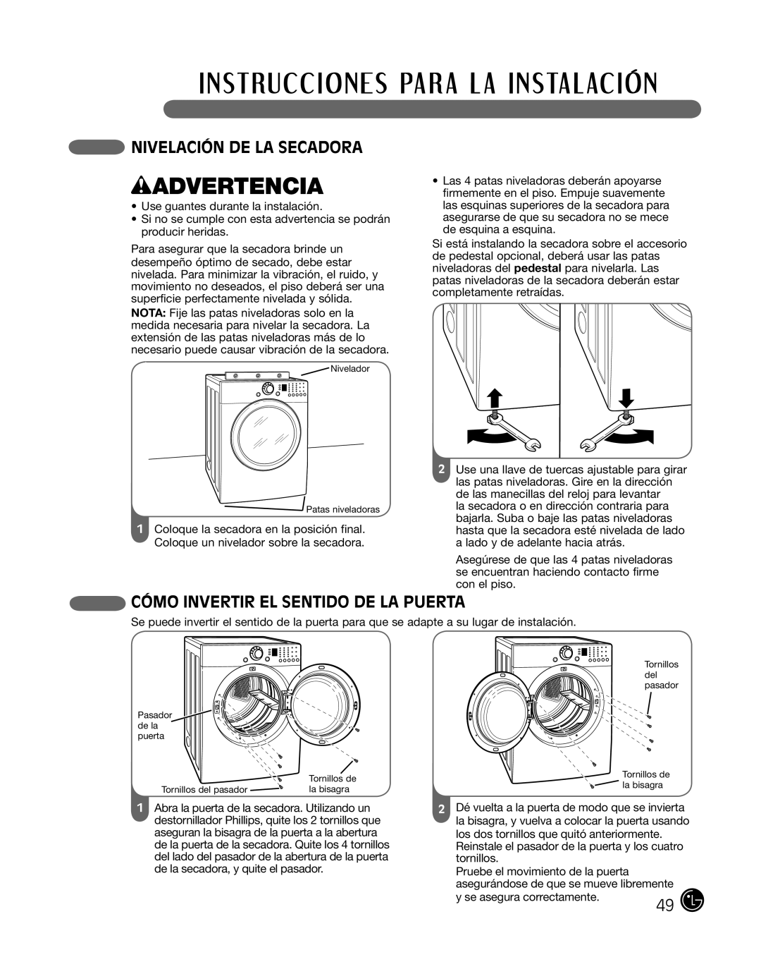 LG Electronics DLE2101W, D2102R, D2102W, D2102S, D2102L manual Nivelación DE LA Secadora, Cómo Invertir EL Sentido DE LA Puerta 