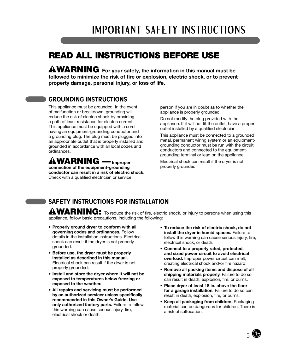 LG Electronics DLE2101R, D2102R, D2102W, D2102S, D2102L, DLE2101W Grounding Instructions, Safety Instructions for Installation 