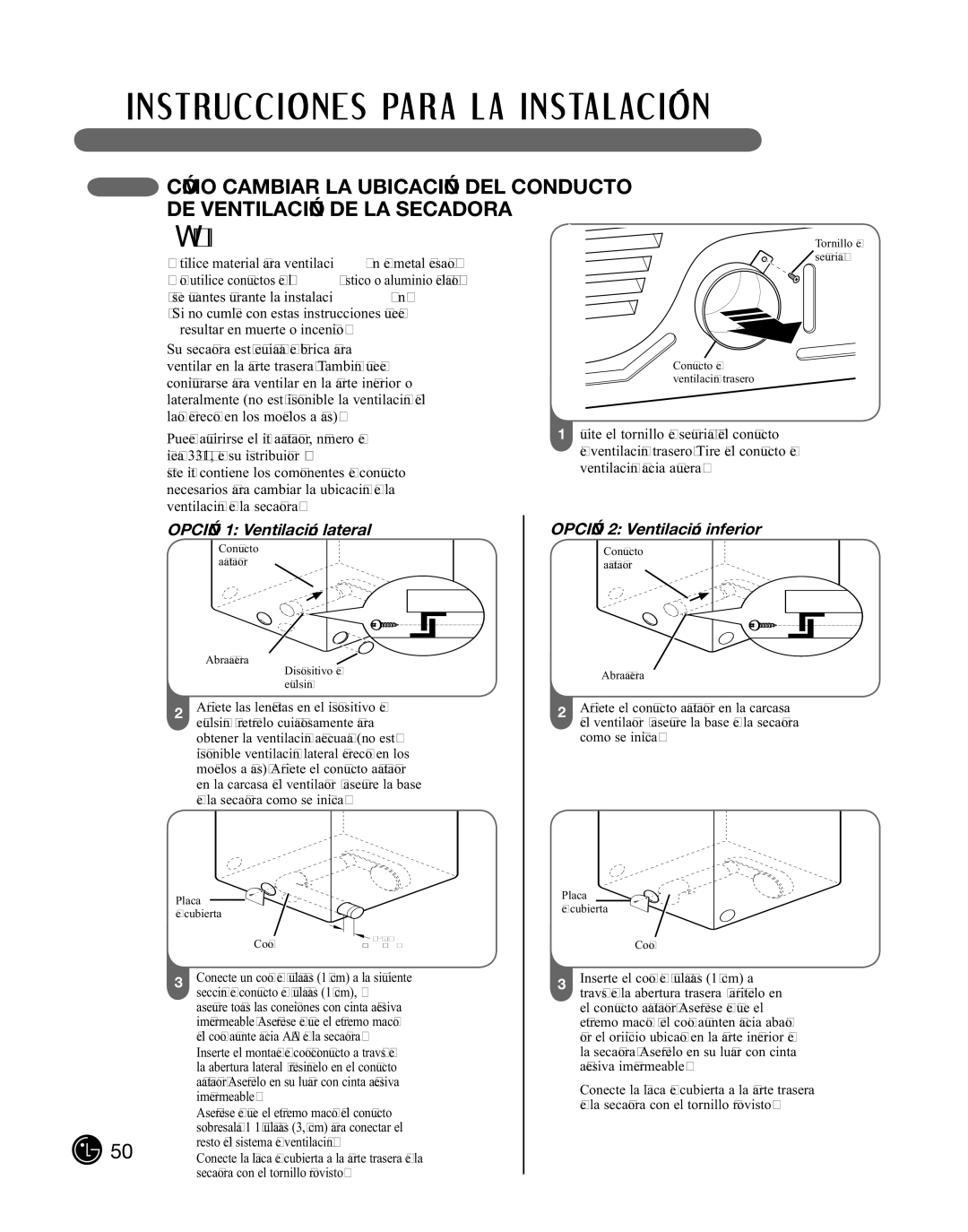 LG Electronics DLE2101R, D2102R, D2102W, D2102S, D2102L, DLE2101W OPciÓn 1 Ventilación lateral, OPciÓn 2 Ventilación inferior 