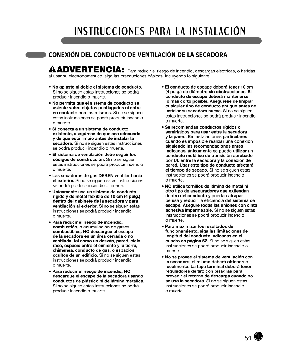 LG Electronics DLE2101S, D2102R, D2102W, D2102S, D2102L, DLE2101W, DLE2101R Conexión DEL Conducto DE Ventilación DE LA Secadora 