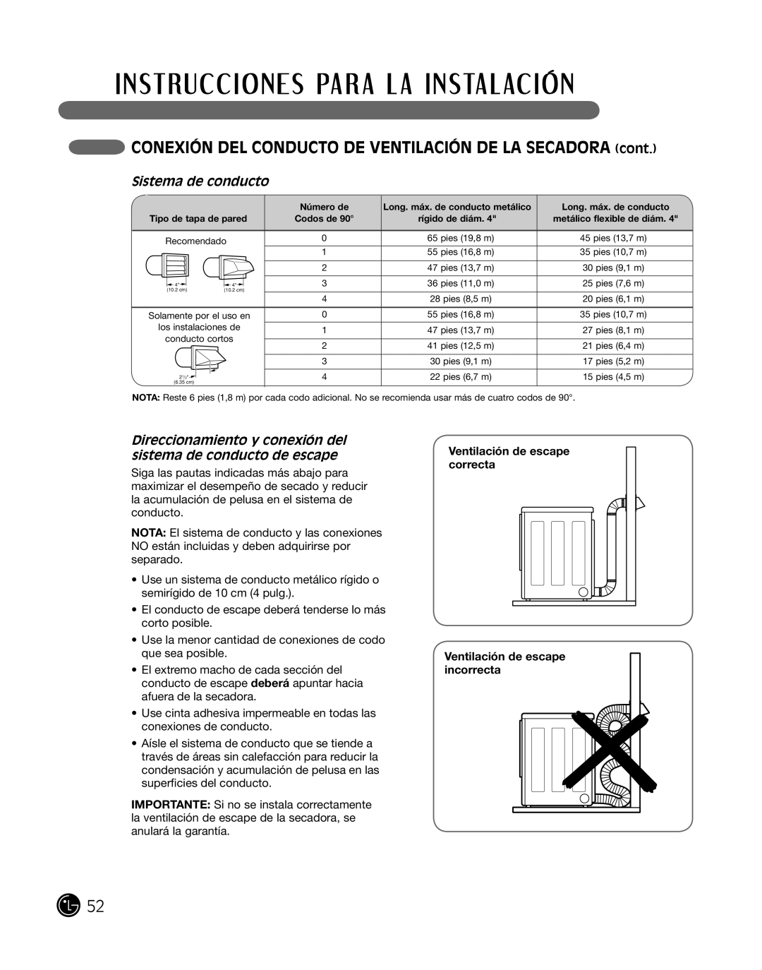 LG Electronics DLE2101L, D2102R, D2102W, D2102S ConeXiÓn del conducTo de VenTilaciÓn de la Secadora, Sistema de conducto 