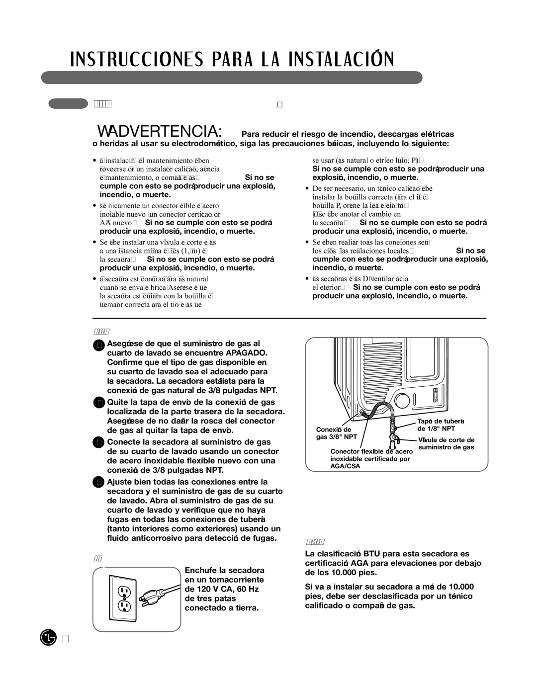 LG Electronics D2102R, D2102W, D2102S manual ConeXiÓn de SecadoraS a gaS, Conexión del suministro de gas, Conexión eléctrica 