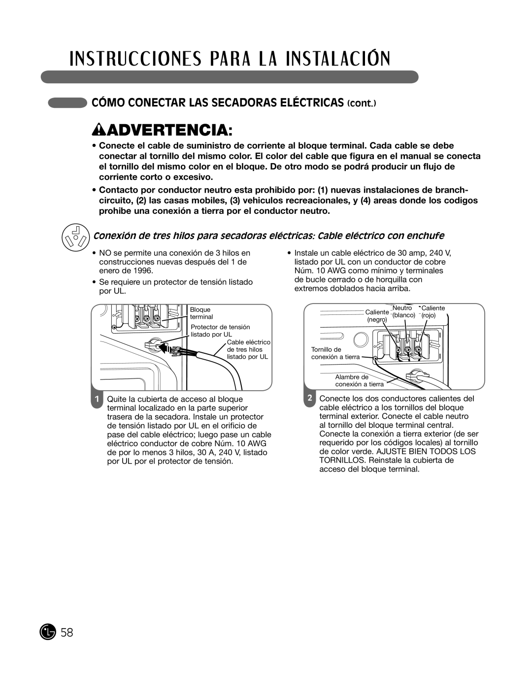 LG Electronics DLE2101W, D2102R, D2102W, D2102S, D2102L, DLE2101R, DLE2101S, DLE2101L, 3828EL3004T manual Wadvertencia 