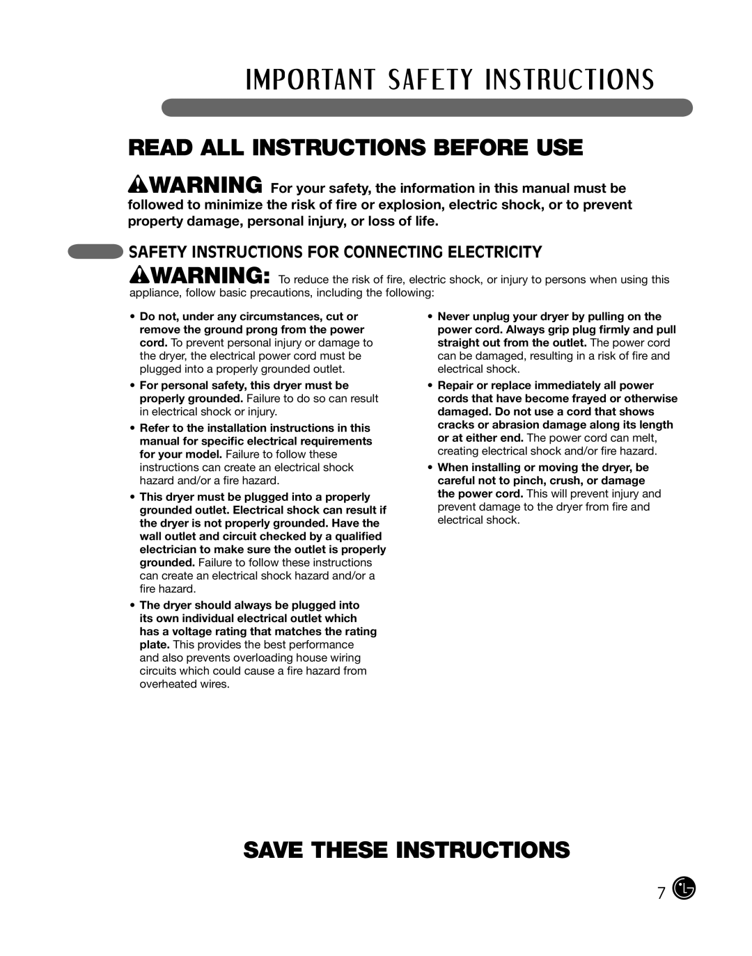 LG Electronics DLE2101L, D2102R, D2102W, D2102S, D2102L, DLE2101W, DLE2101R manual Safety Instructions for Connecting Electricity 