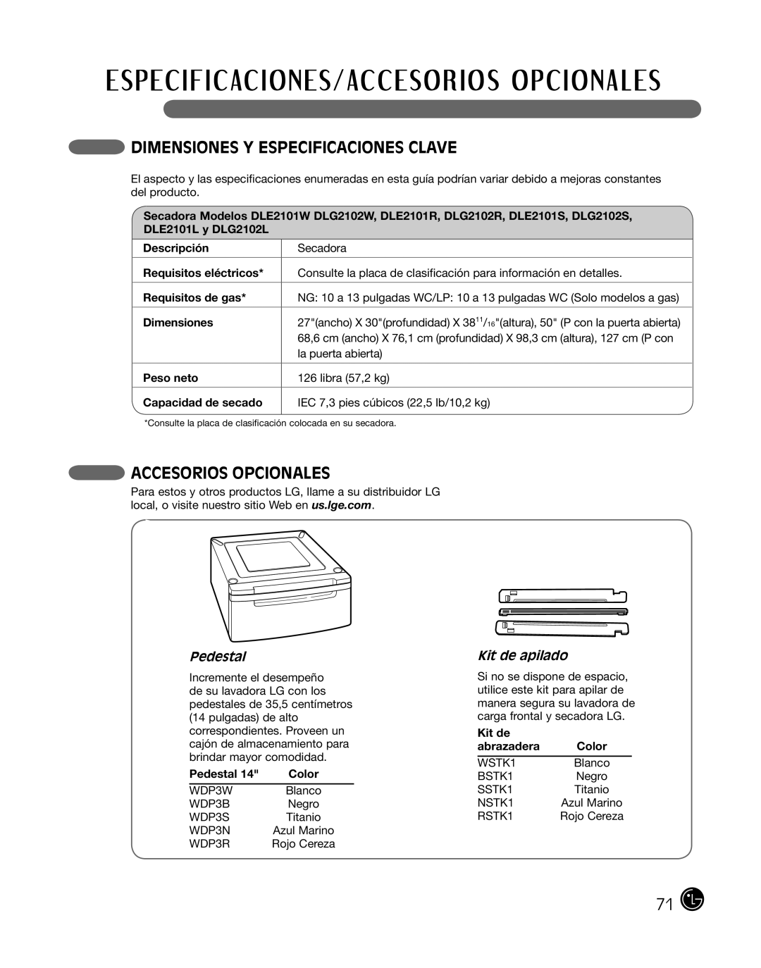 LG Electronics 3828EL3004T, D2102R, D2102W, D2102S, D2102L manual Dimensiones Y Especificaciones Clave, Accesorios Opcionales 