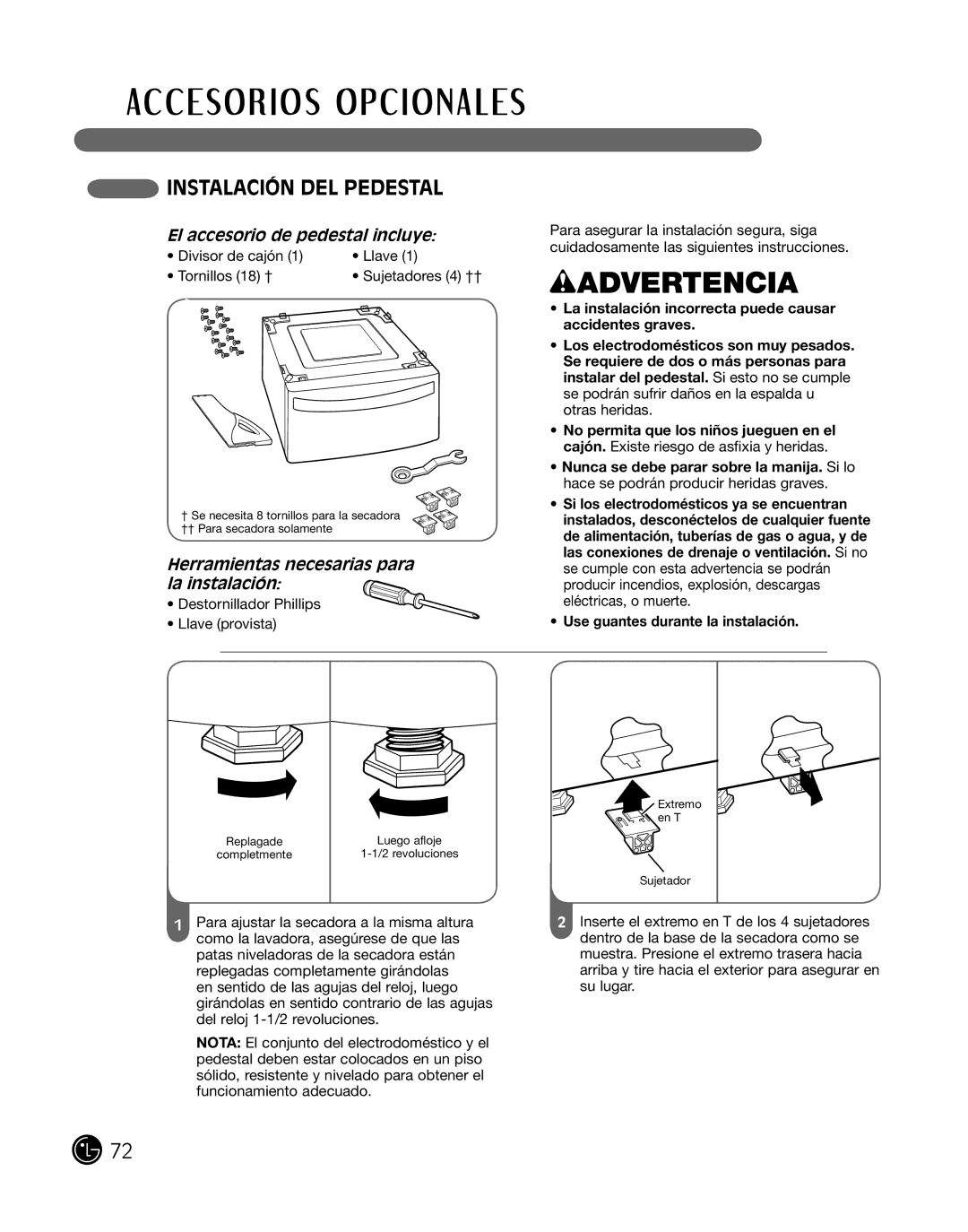 LG Electronics D2102R, D2102W, D2102S, D2102L, DLE2101W, DLE2101R InSTalaciÓn del PedeSTal, El accesorio de pedestal incluye 