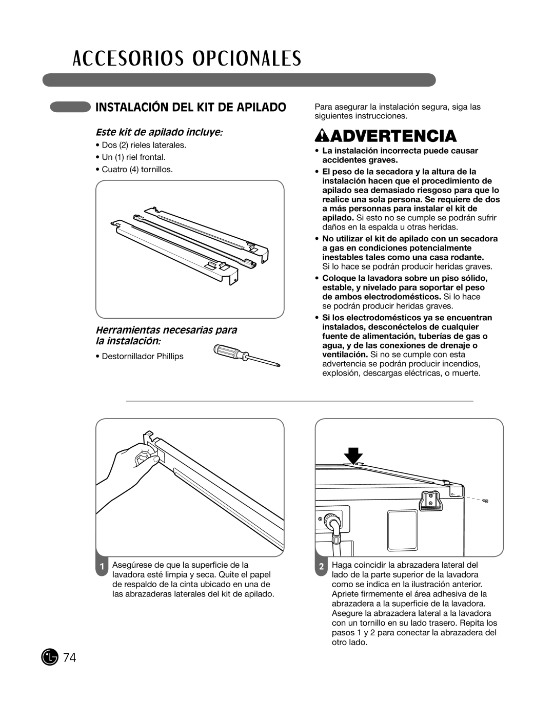 LG Electronics D2102S, D2102R, D2102W, D2102L, DLE2101W, DLE2101R InSTalaciÓn del KiT de aPilado, Este kit de apilado incluye 