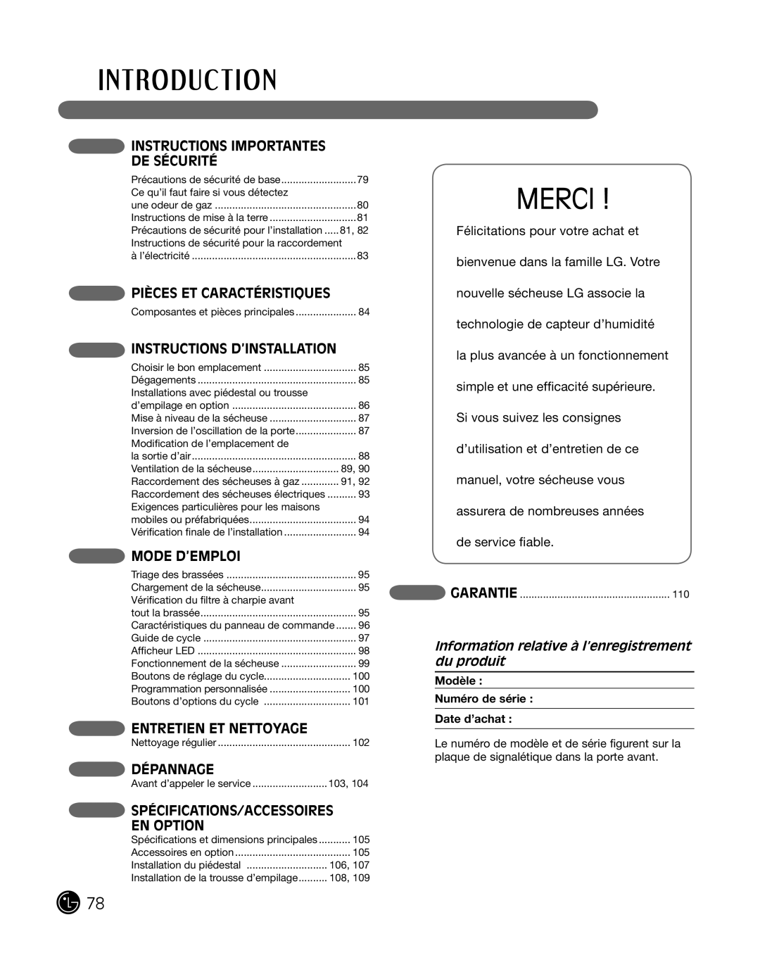 LG Electronics DLE2101S, D2102R, D2102W, D2102S, D2102L manual DE Sécurité, Information relative à l’enregistrement du produit 