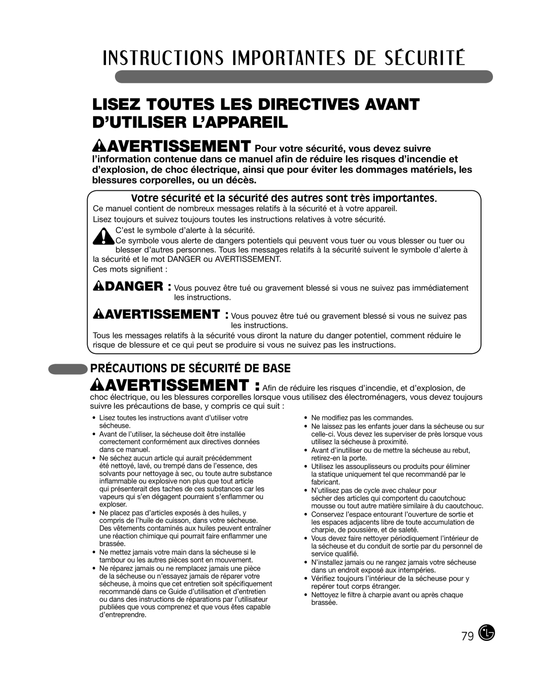 LG Electronics DLE2101L, D2102R Lisez Toutes LES Directives Avant D’UTILISER L’APPAREIL, Précautions de sécurité de base 