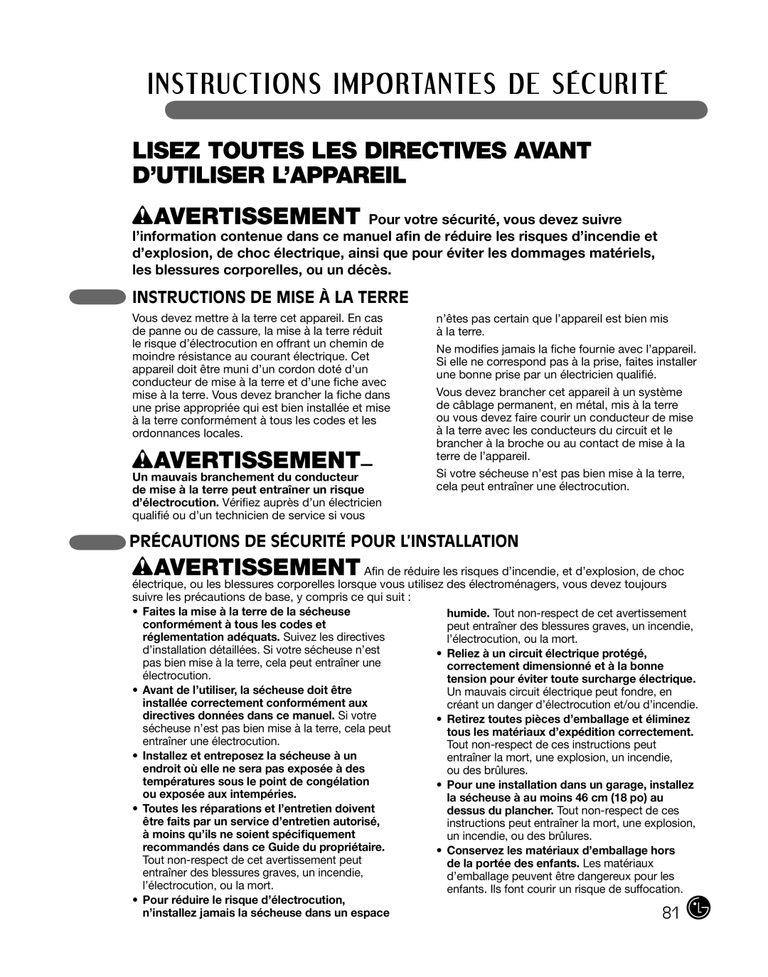 LG Electronics D2102R, D2102W, D2102S, D2102L Instructions DE Mise À LA Terre, Précautions de sécurité Pour L’INSTALLATION 