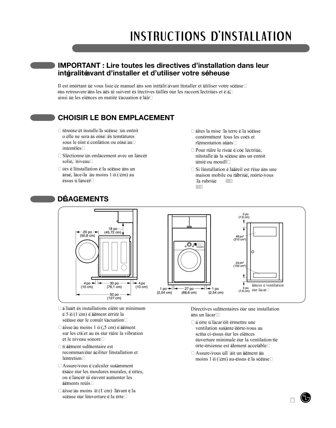 LG Electronics DLE2101W, D2102R, D2102W, D2102S, D2102L, DLE2101R, DLE2101S, DLE2101L Choisir LE BON Emplacement, Dégagements 