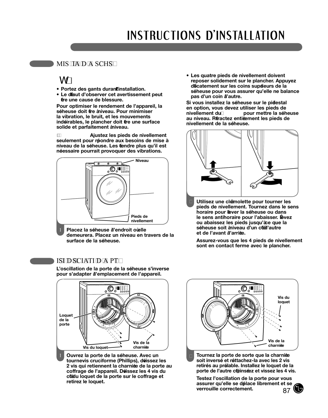 LG Electronics DLE2101S, D2102R, D2102W, D2102S, D2102L Mise À Niveau DE LA Sécheuse, Inversion DE L’OSCILLATION DE LA Porte 