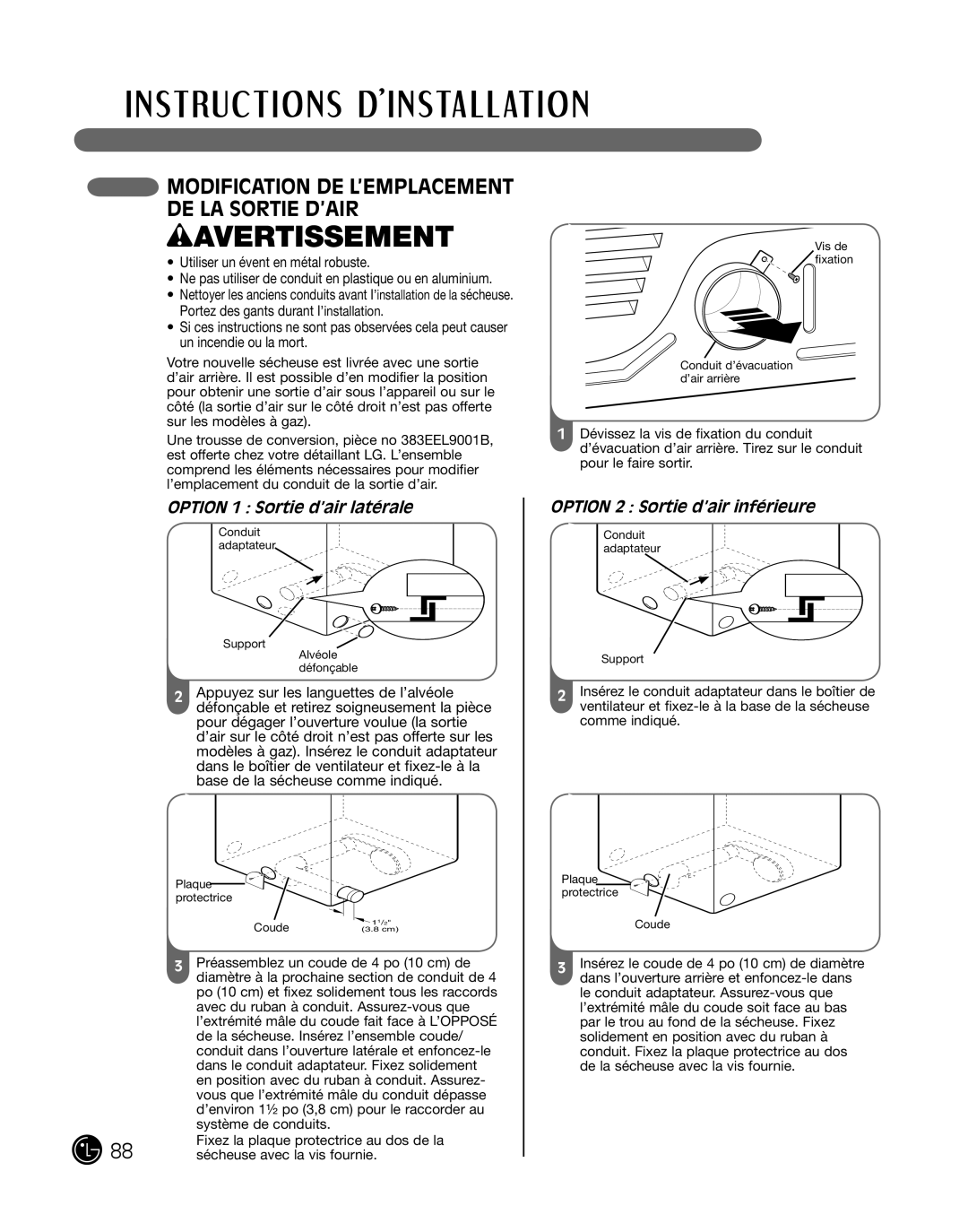 LG Electronics DLE2101L, D2102R, D2102W ModiFication de L’eMpLaceMent de La sortie d’air, Option 1 sortie d’air latérale 