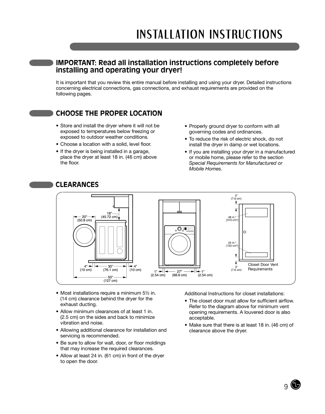 LG Electronics D2102R, D2102W, D2102S, D2102L, DLE2101W, DLE2101R, DLE2101S, DLE2101L Choose the Proper Location, Clearances 