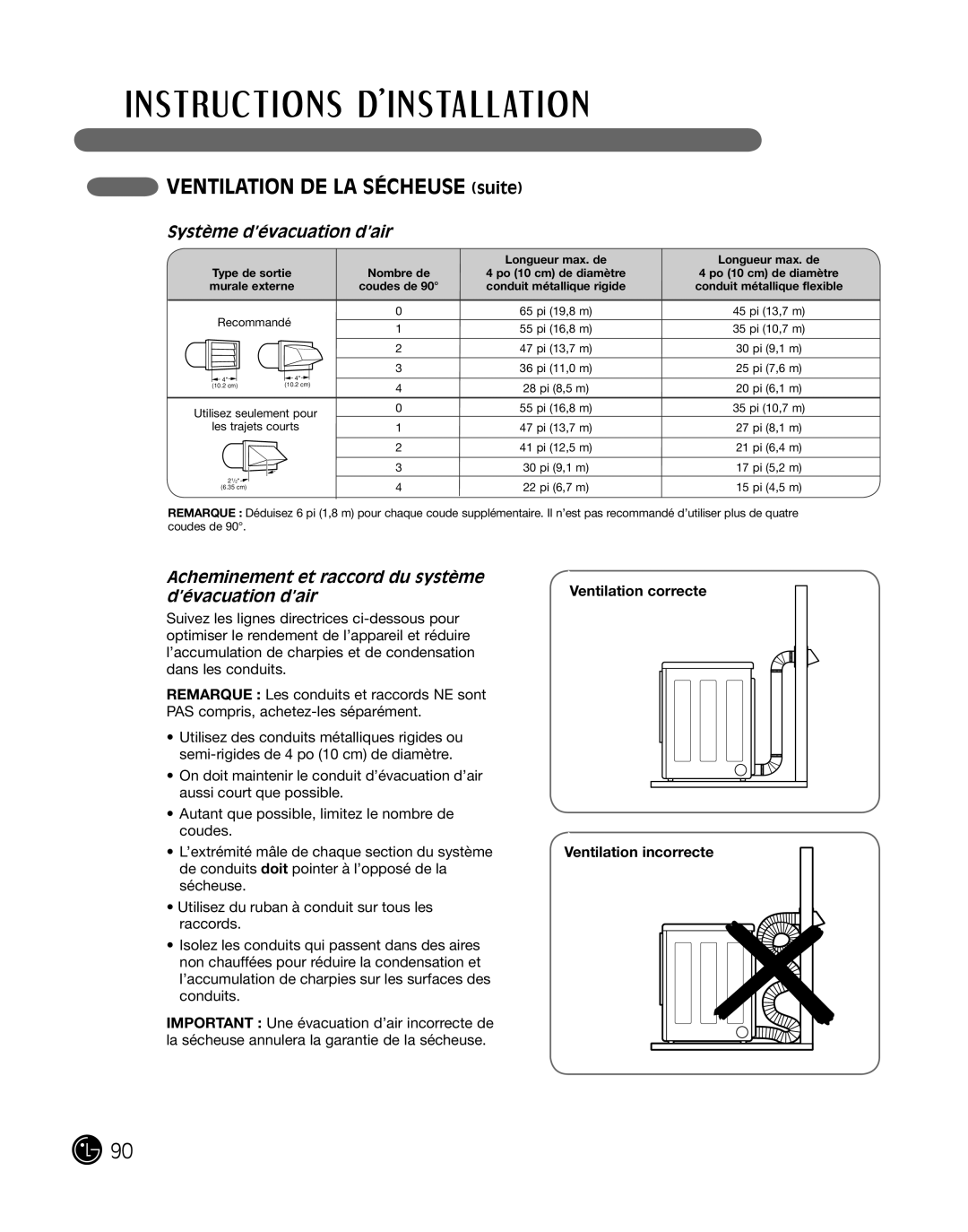 LG Electronics D2102R, D2102W, D2102S, D2102L, DLE2101W, DLE2101R VentiLation de La sécHeuse suite, Système d’évacuation d’air 