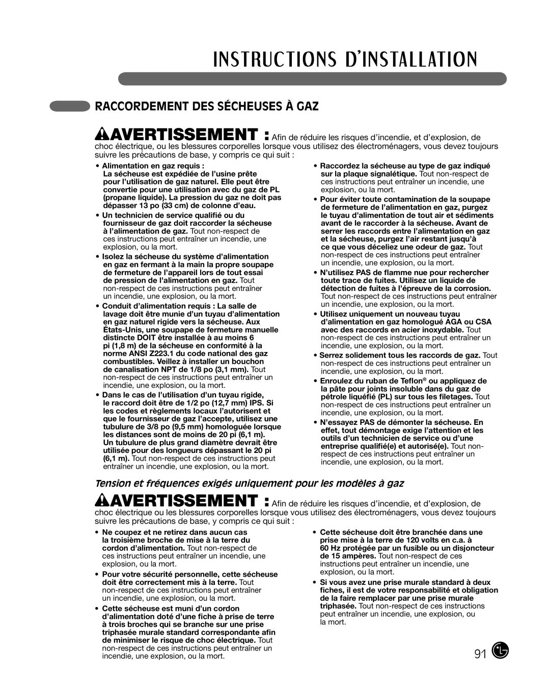 LG Electronics D2102W, D2102R, D2102S, D2102L, DLE2101W, DLE2101R, DLE2101S, DLE2101L manual Raccordement des sécheuses à gaz 