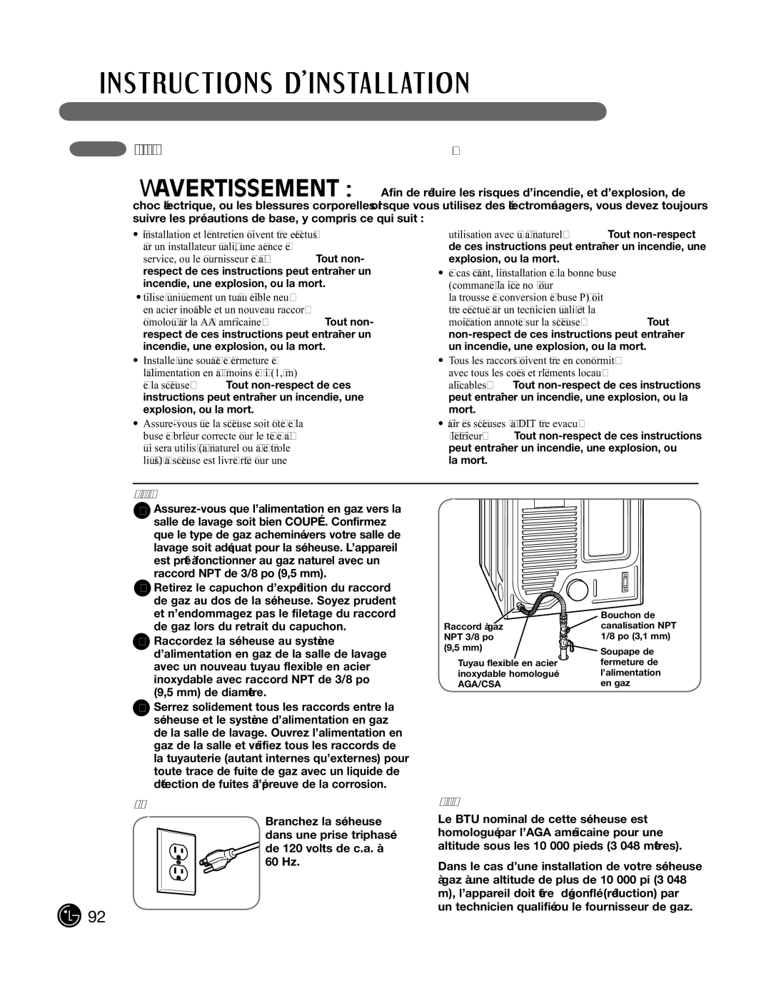 LG Electronics D2102S, D2102R, D2102W, D2102L RaccordeMent des sécHeuses À Gaz suite, Raccordement de l’alimentation en gaz 