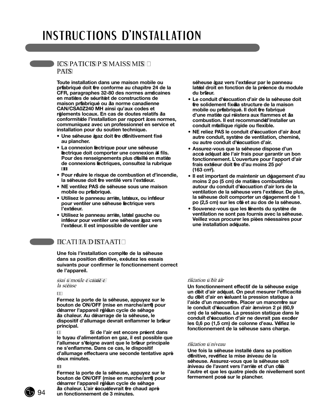 LG Electronics DLE2101W, D2102R, D2102W VériFication FinaLe de L’instaLLation, Essai du module de chauffage de la sécheuse 