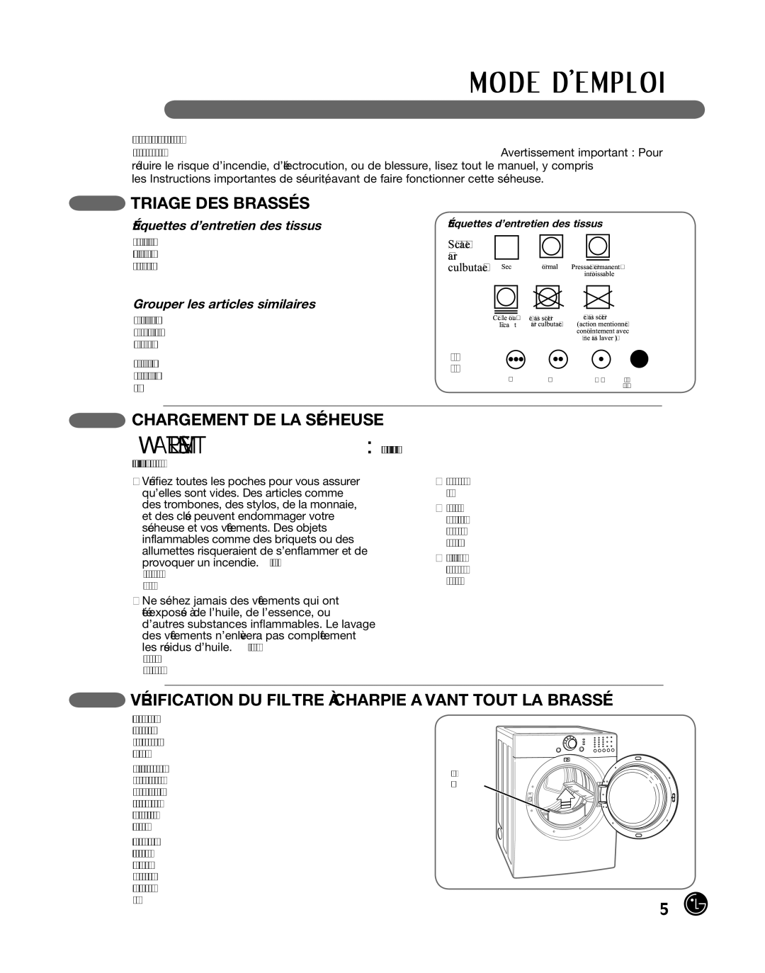 LG Electronics DLE2101R, D2102R, D2102W Triage DES Brassées, Chargement de la sécheuse, Étiquettes d’entretien des tissus 