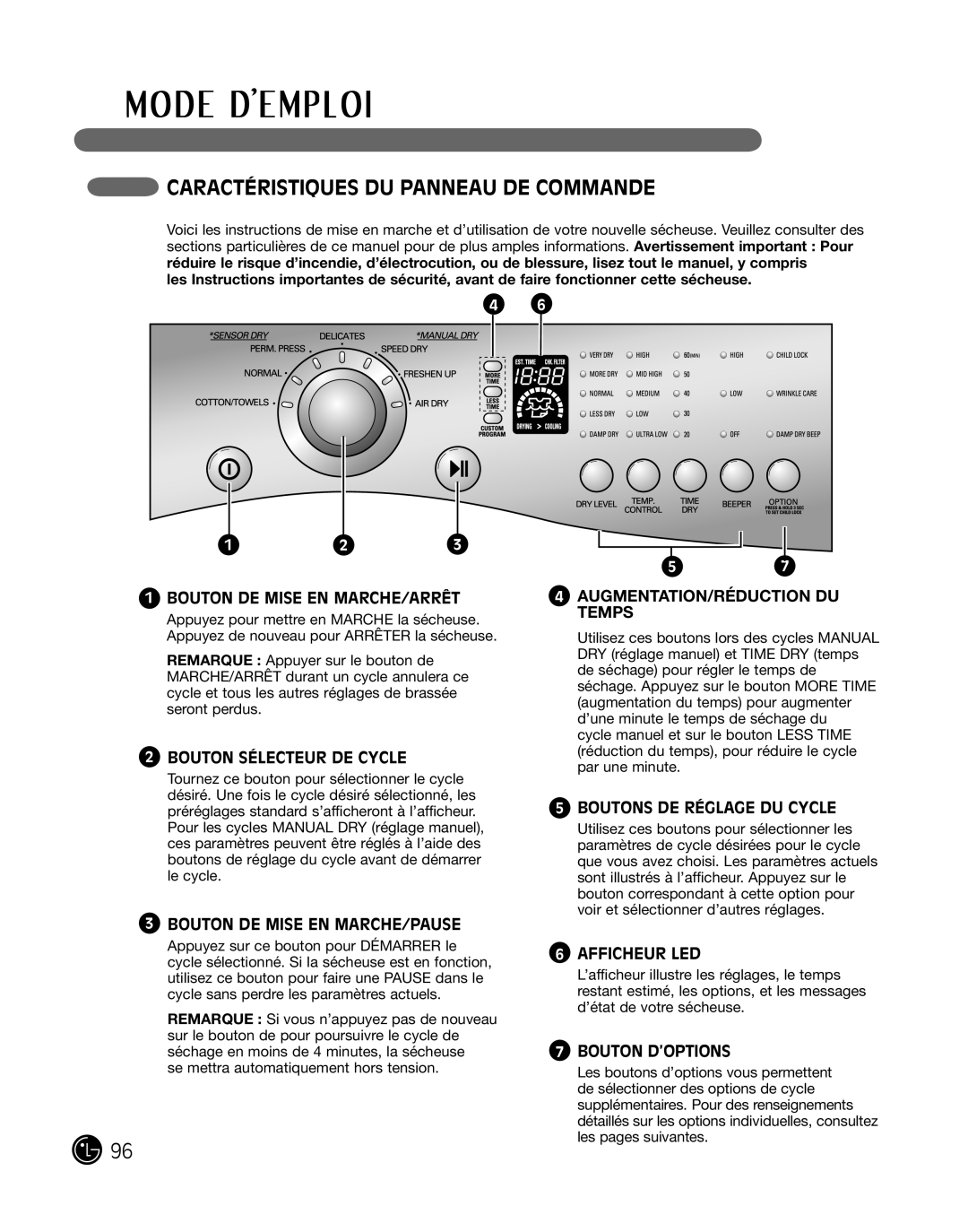 LG Electronics DLE2101S, D2102R, D2102W, D2102S manual Caractéristiques DU Panneau DE Commande, Bouton DE Mise EN MARCHE/ARRÊT 