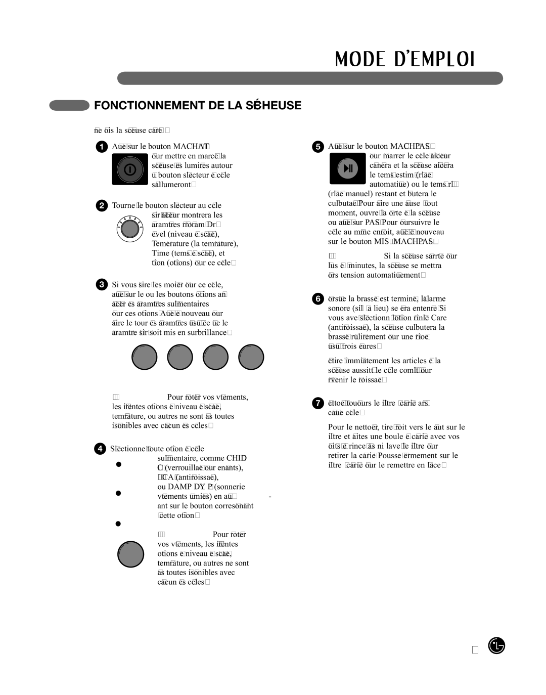 LG Electronics D2102R, D2102W, D2102S, D2102L, DLE2101W, DLE2101R, DLE2101S, DLE2101L, 3828EL3004T Fonctionnement DE LA Sécheuse 