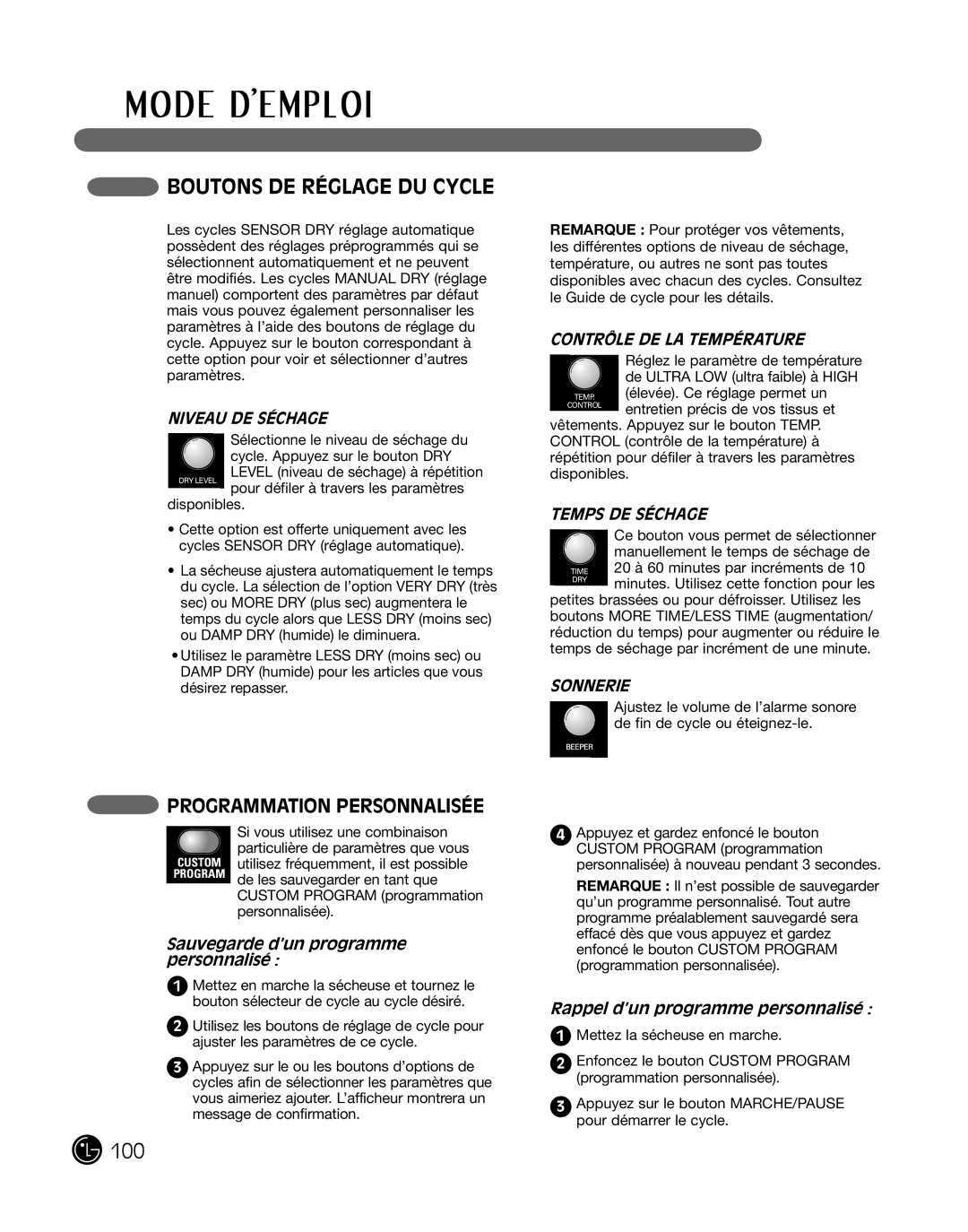 LG Electronics D2102W manual Boutons De Réglage Du Cycle, Programmation Personnalisée, Niveau De Séchage, Temps De Séchage 