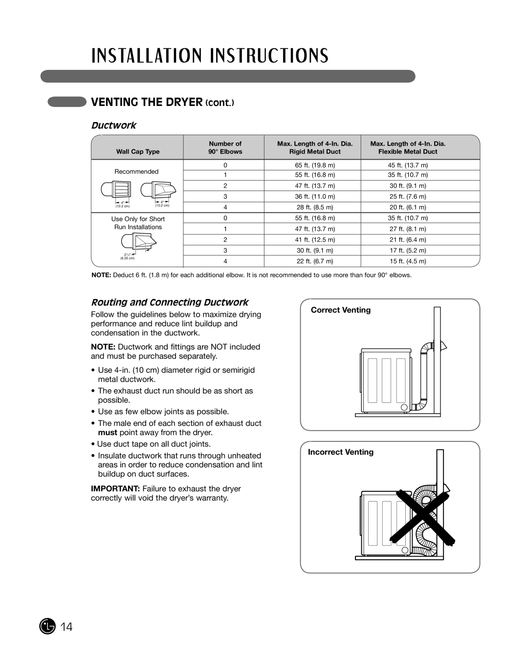 LG Electronics DLE2101R, D2102R, D2102W, D2102S, D2102L, DLE2101W VENTING THE DRYER cont, Routing and Connecting Ductwork 