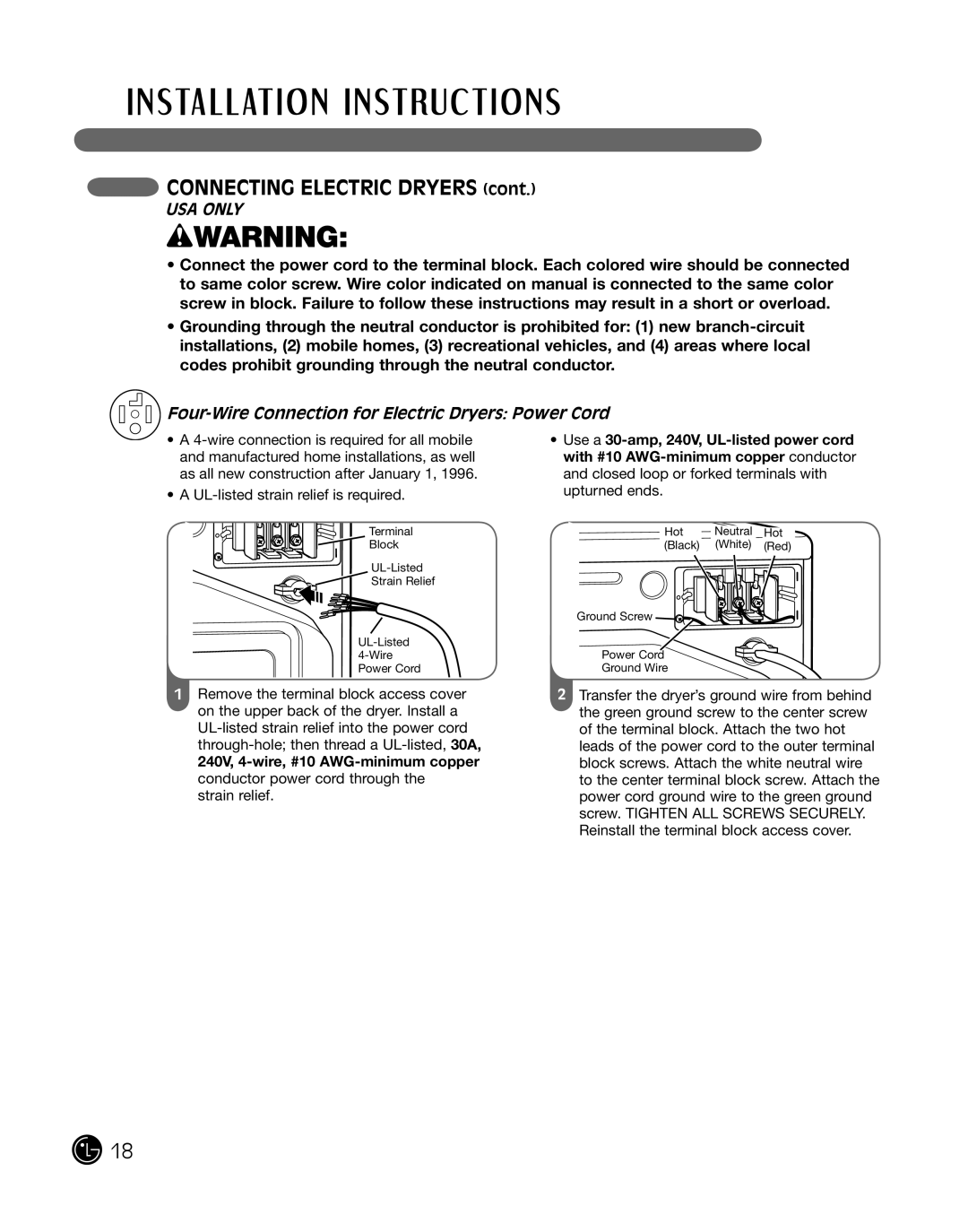 LG Electronics D2102R manual CONNECTING ELECTRIC DRYERS cont, Usa Only, Four-Wire Connection for Electric Dryers Power Cord 
