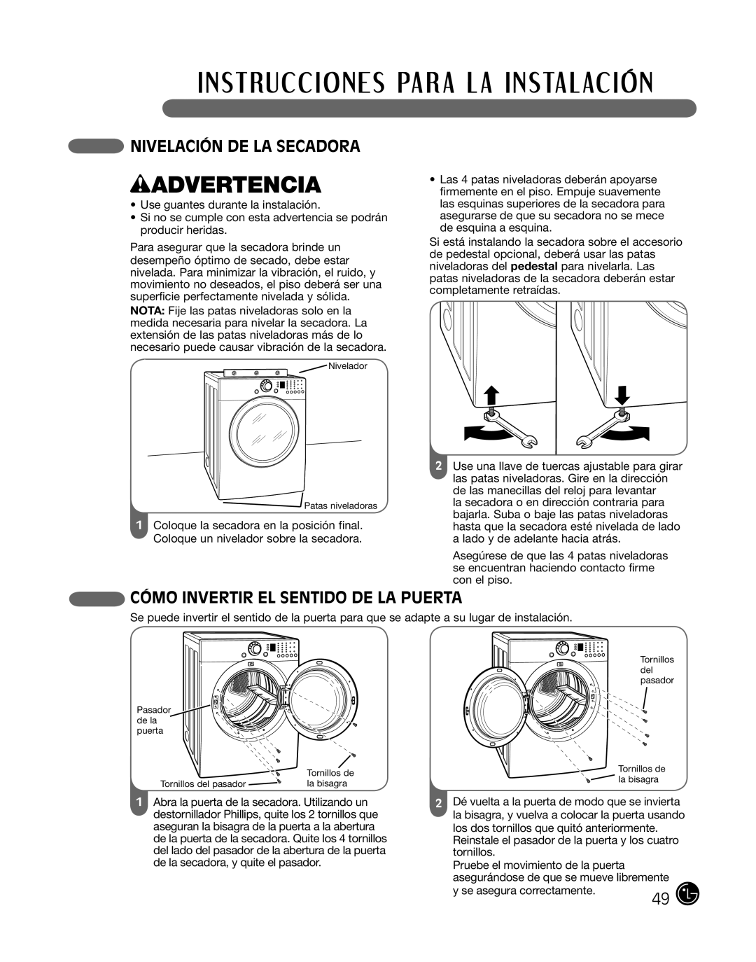 LG Electronics DLE2101W, D2102R, D2102W manual wADVERTENCIA, Nivelación De La Secadora, Cómo Invertir El Sentido De La Puerta 