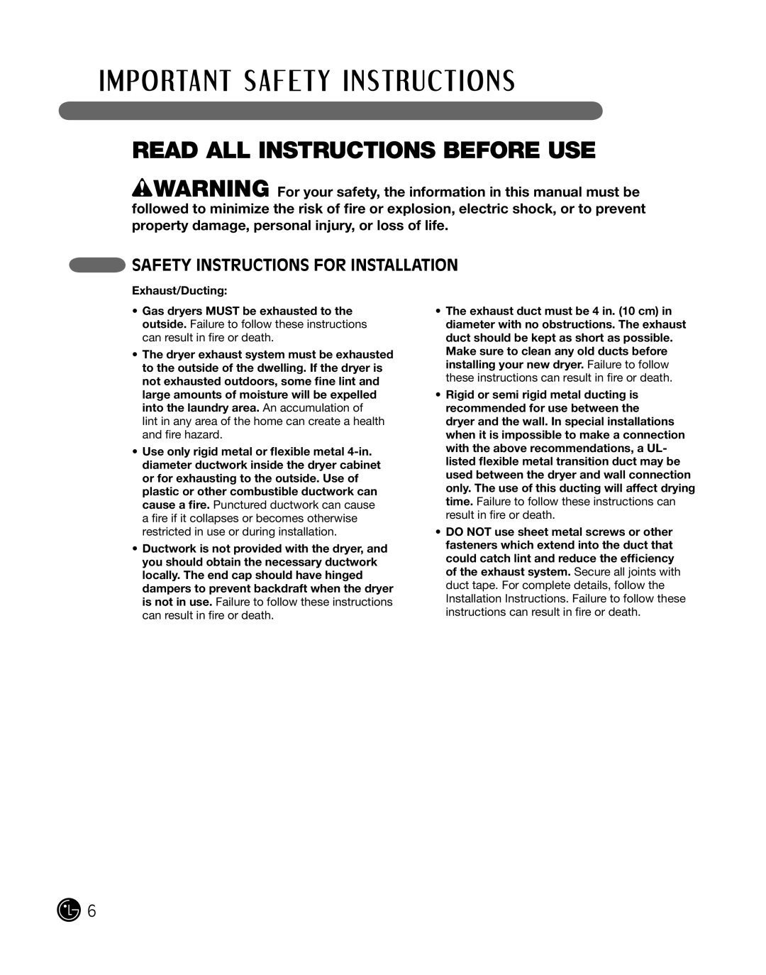 LG Electronics DLE2101S, D2102R Read All Instructions Before Use, Safety Instructions For Installation, Exhaust/Ducting 
