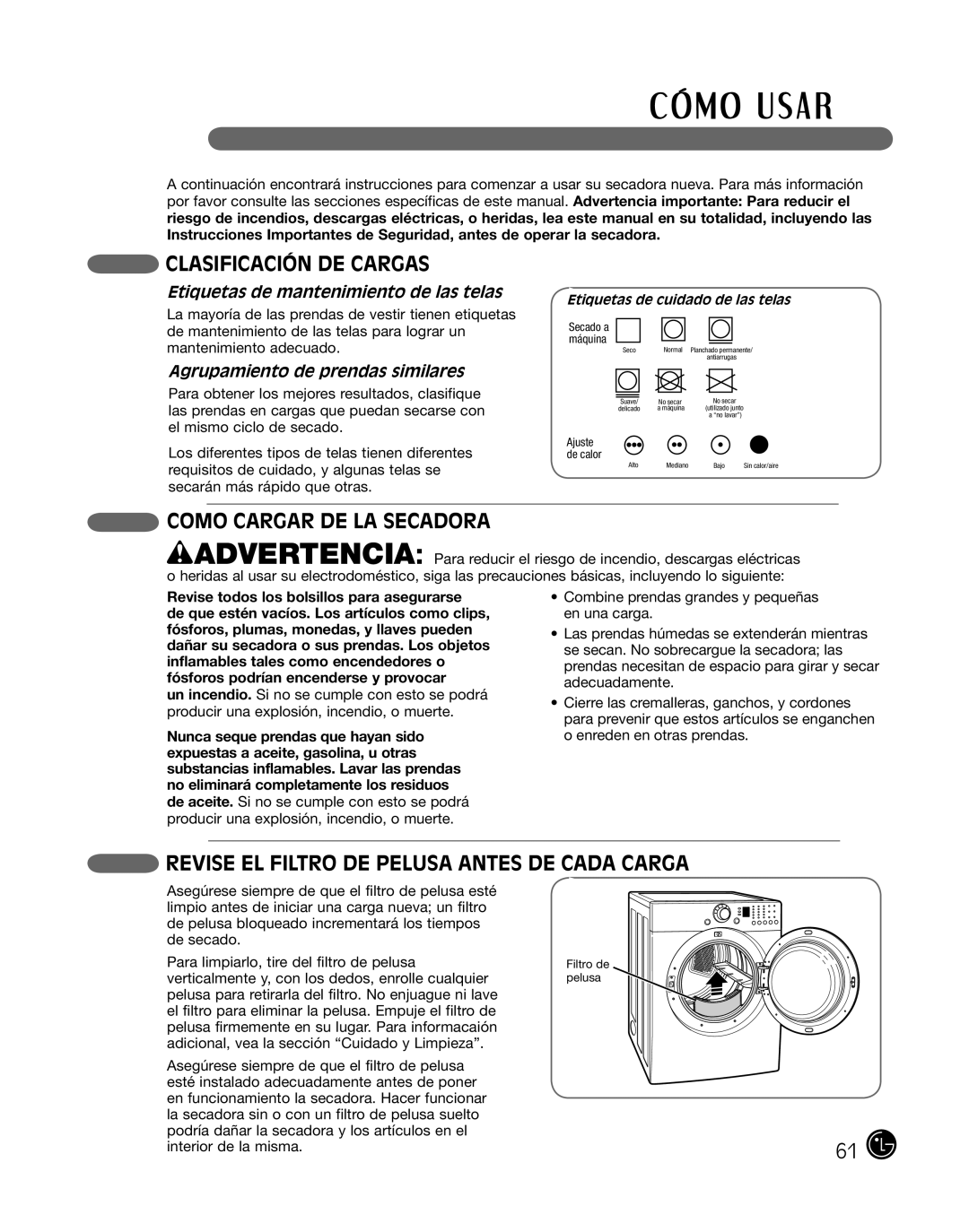 LG Electronics DLE2101L manual Clasificación De Cargas, COMO CARGAR de la secadora, Etiquetas de mantenimiento de las telas 