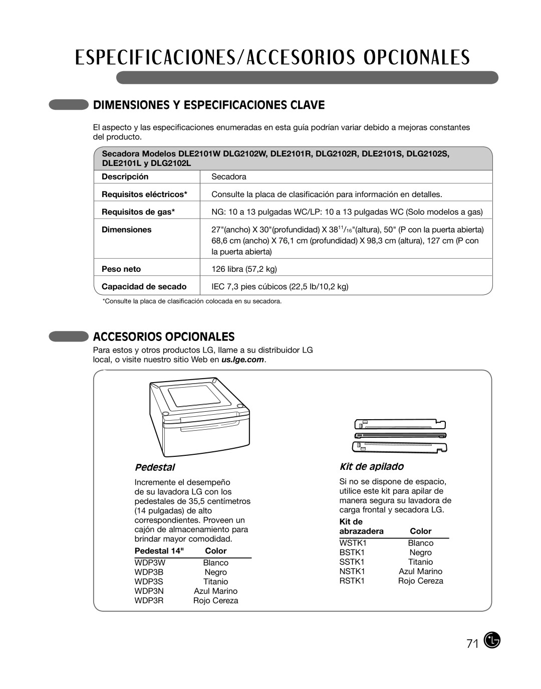 LG Electronics 3828EL3004T, D2102R Dimensiones Y Especificaciones Clave, Accesorios Opcionales, Pedestal, Kit de apilado 