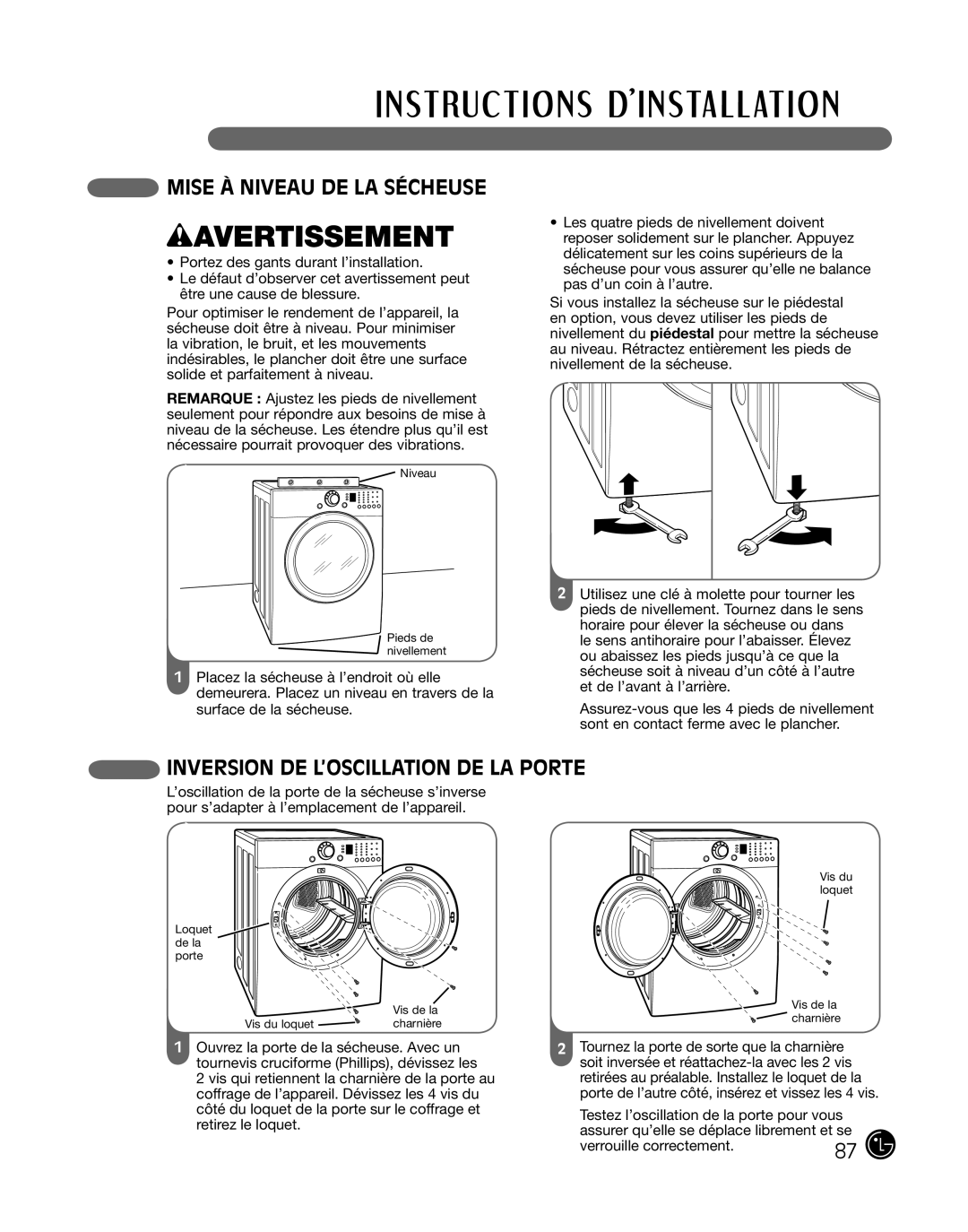 LG Electronics DLE2101S, D2102R manual Mise À Niveau De La Sécheuse, Inversion De L’Oscillation De La Porte, wAVERTISSEMENT 